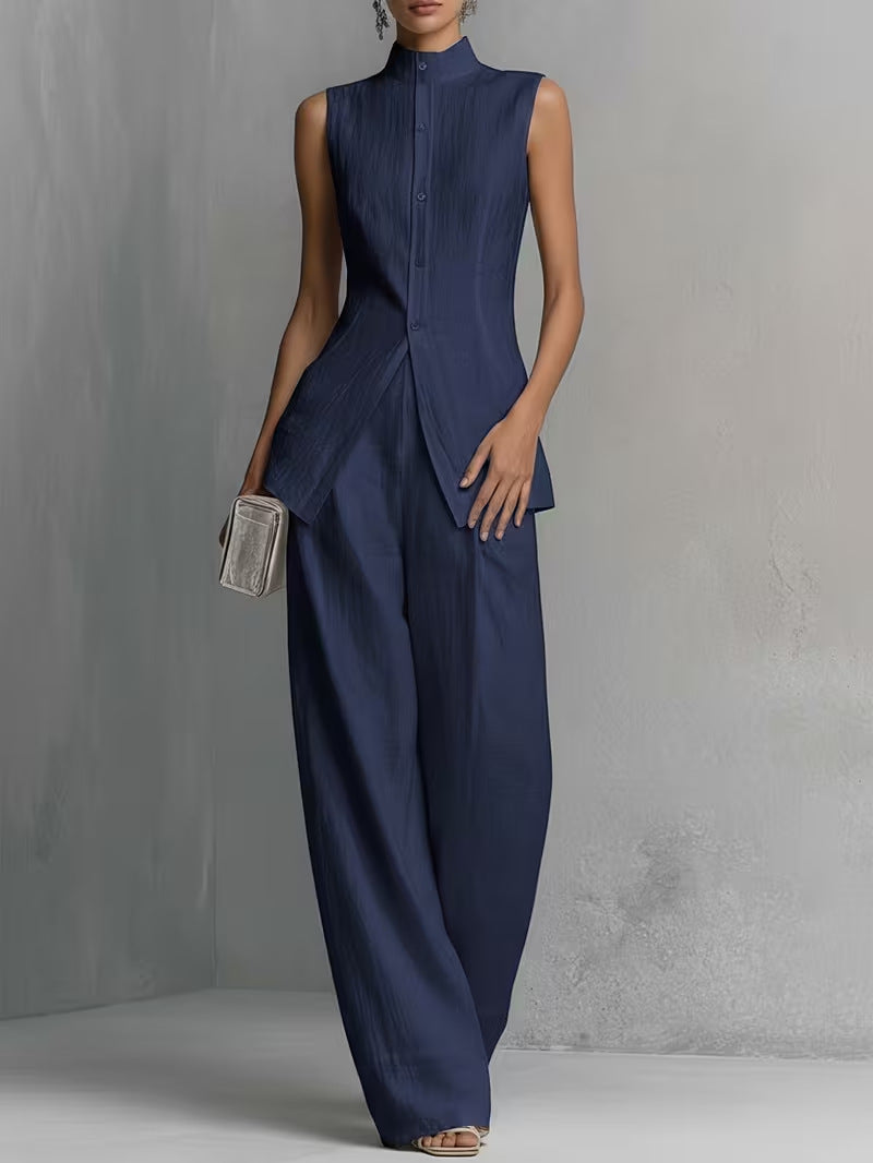 Linen Co-ord Set Wide Leg Trousers with Shell Buttons for Women
