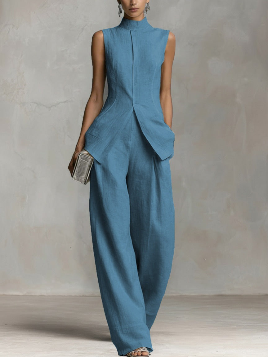 Linen Co-ord Set Wide Leg Trousers with Shell Buttons for Women