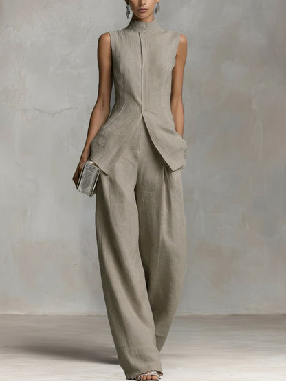 Linen Co-ord Set Wide Leg Trousers with Shell Buttons for Women