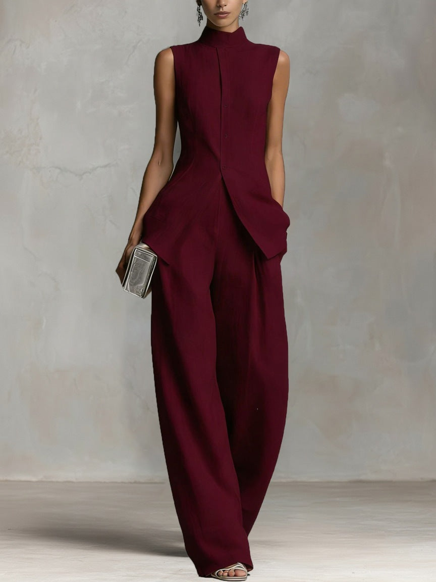 Linen Co-ord Set Wide Leg Trousers with Shell Buttons for Women