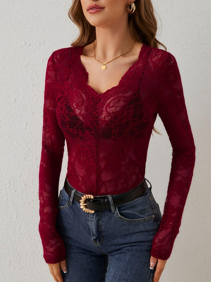 Lace bodysuit with long sleeves and deep neckline