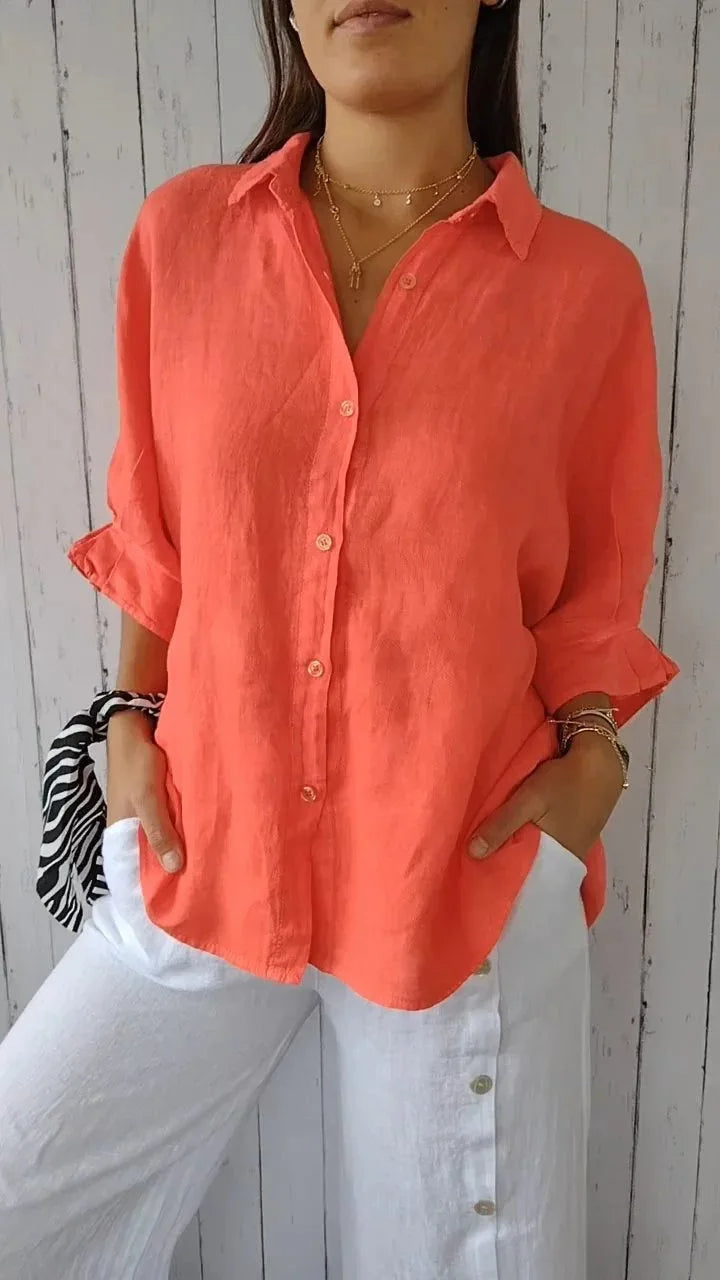 Linen Relaxed Fit Long Sleeve Blouse for Women