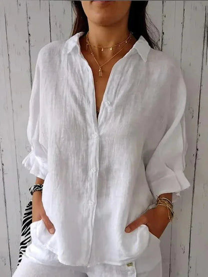 Linen Relaxed Fit Long Sleeve Blouse for Women