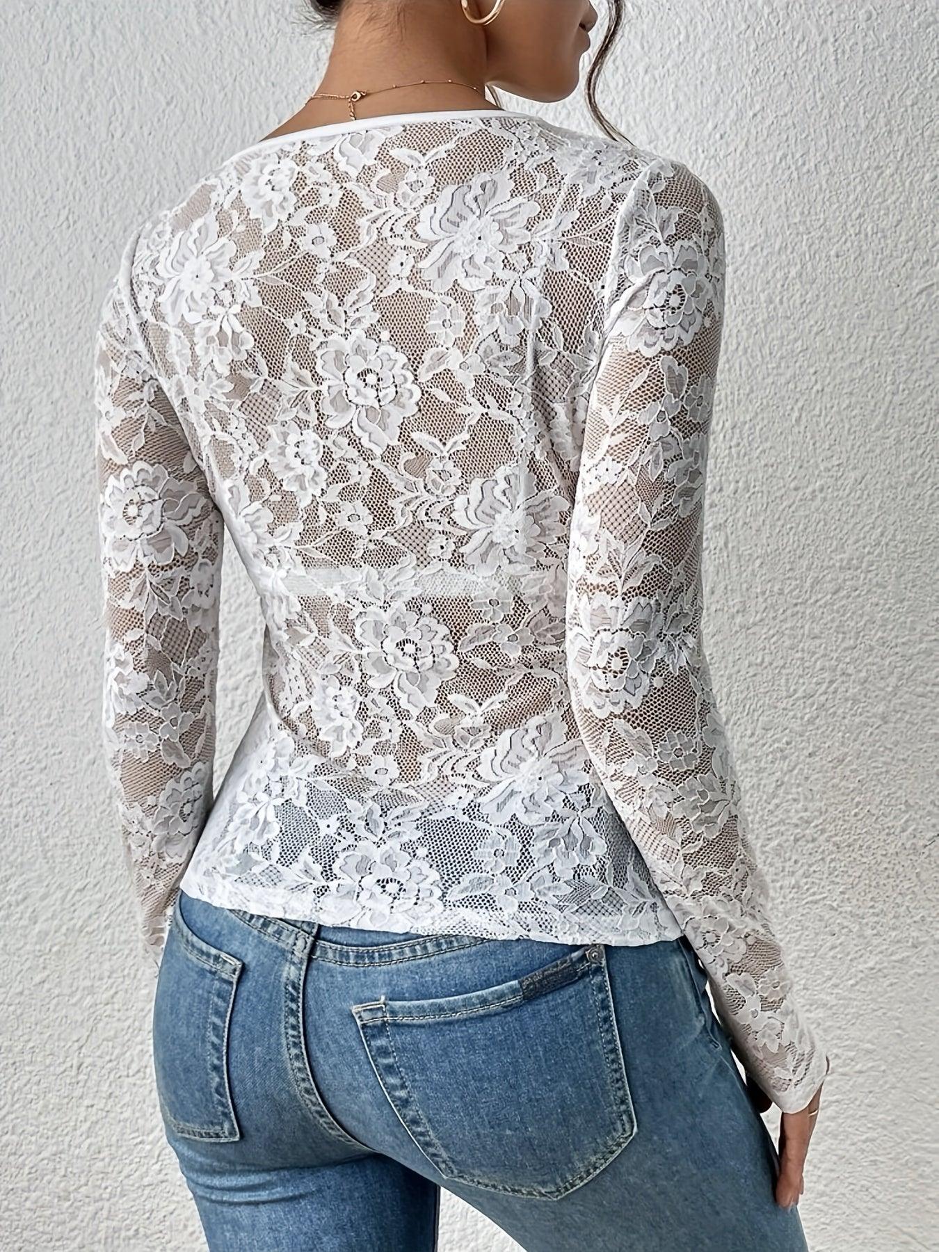 Lace bodysuit with long sleeves and deep neckline