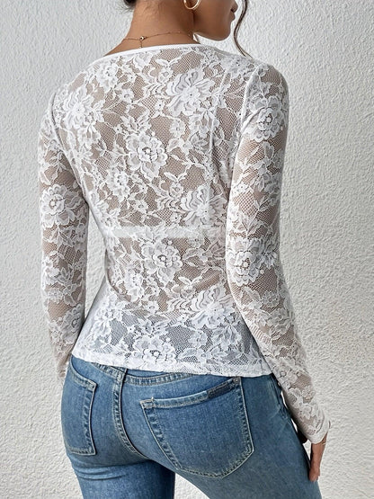 Lace bodysuit with long sleeves and deep neckline