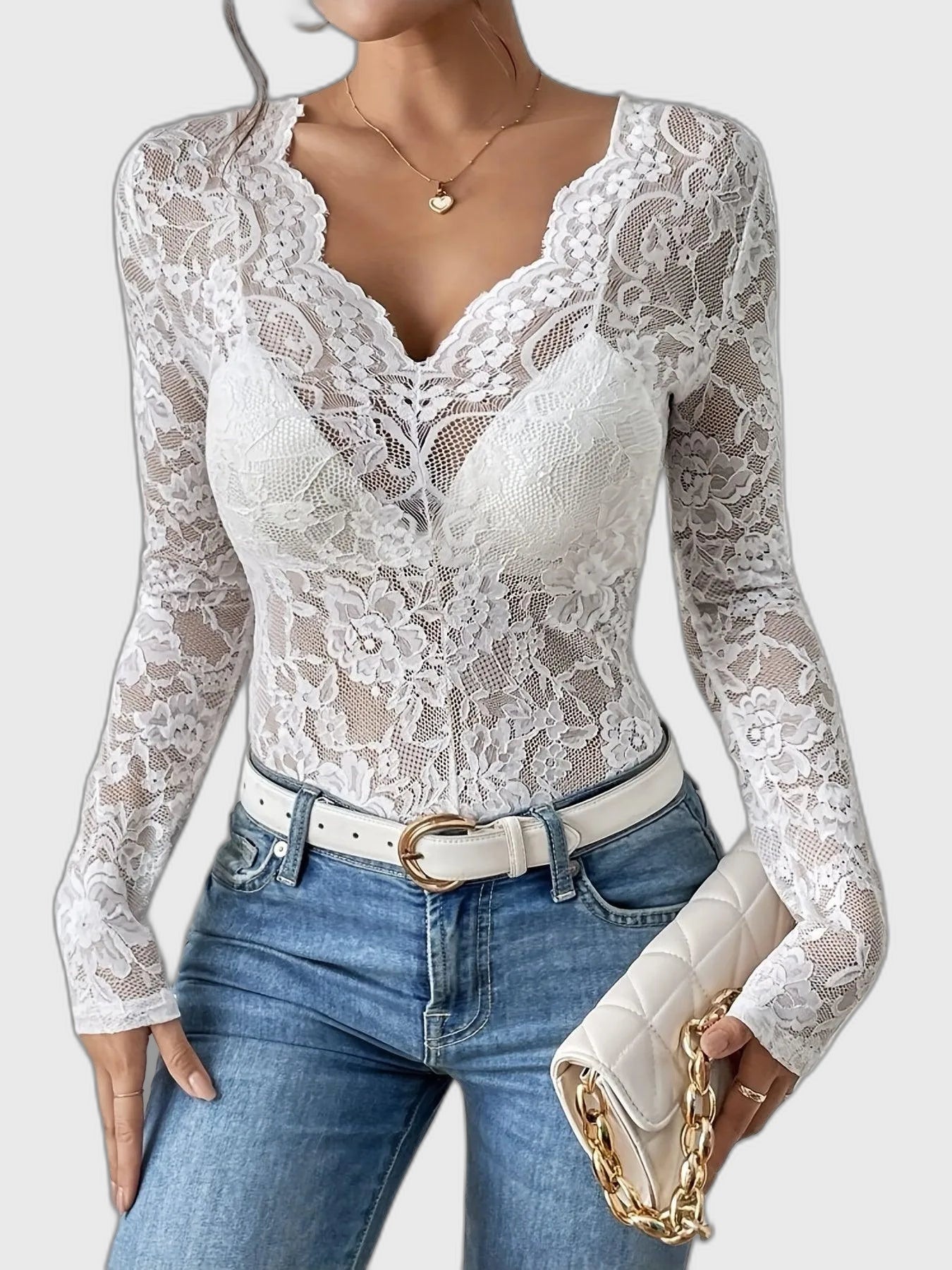 Lace bodysuit with long sleeves and deep neckline