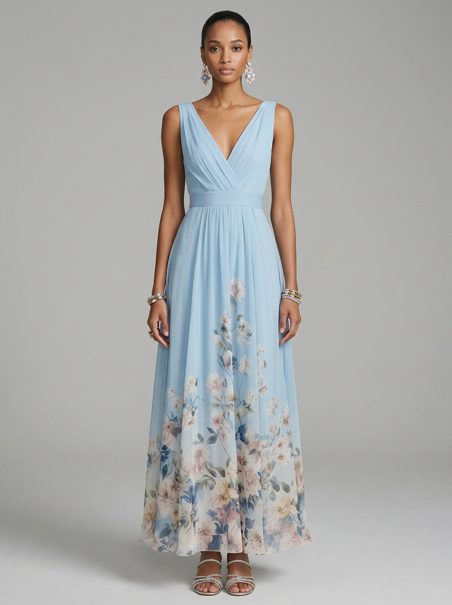 Floral Flowing Full-Length Maxi Dress with Sleeveless for Women