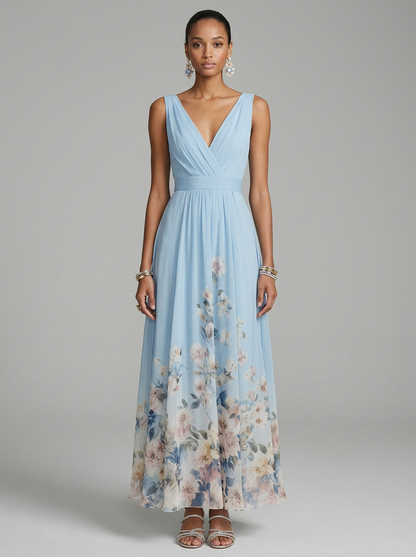 Floral Flowing Full-Length Maxi Dress with Sleeveless for Women