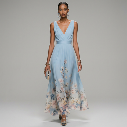 Floral Flowing Full-Length Maxi Dress with Sleeveless for Women