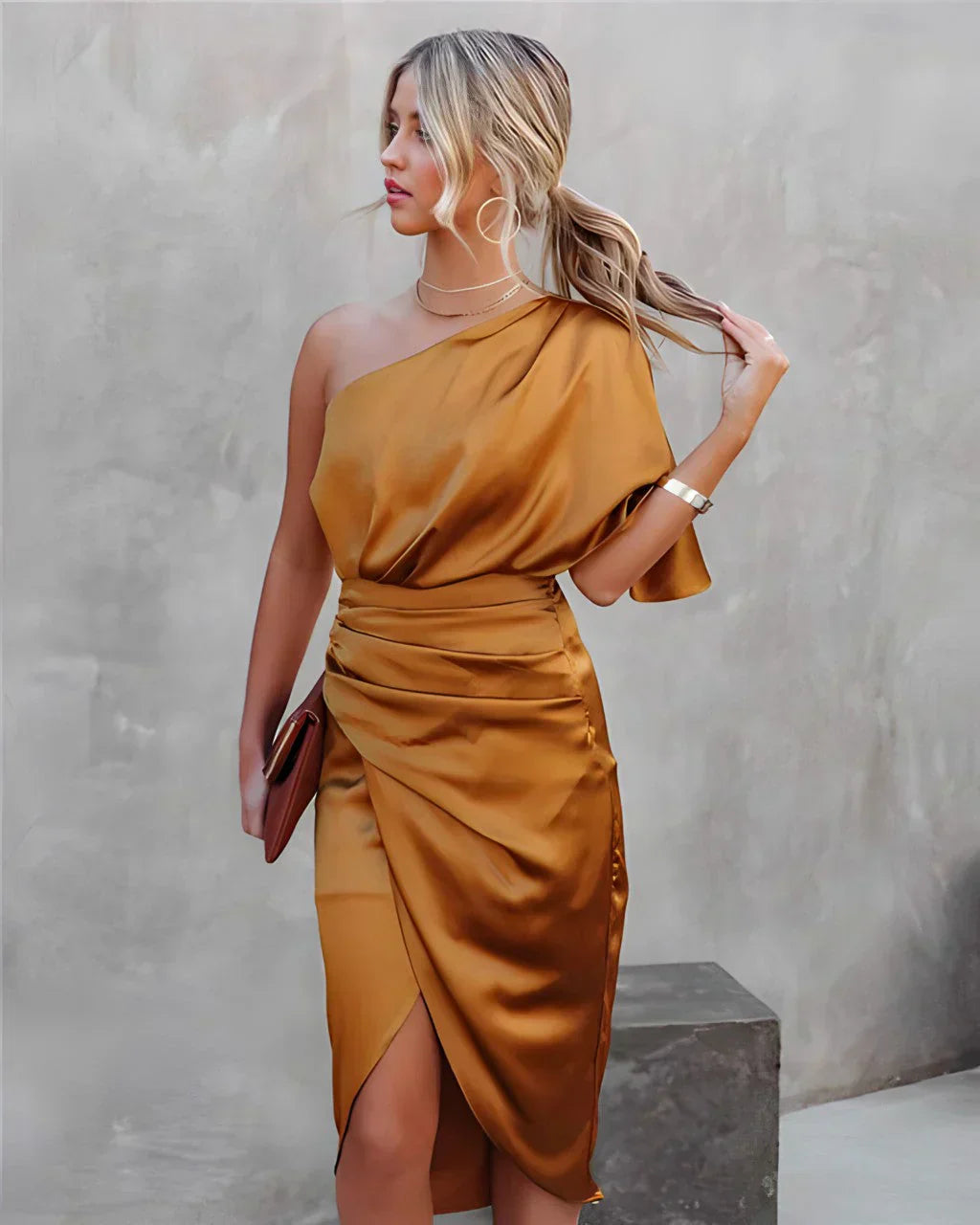Satin Draped Off-Shoulder Midi Dress for Women