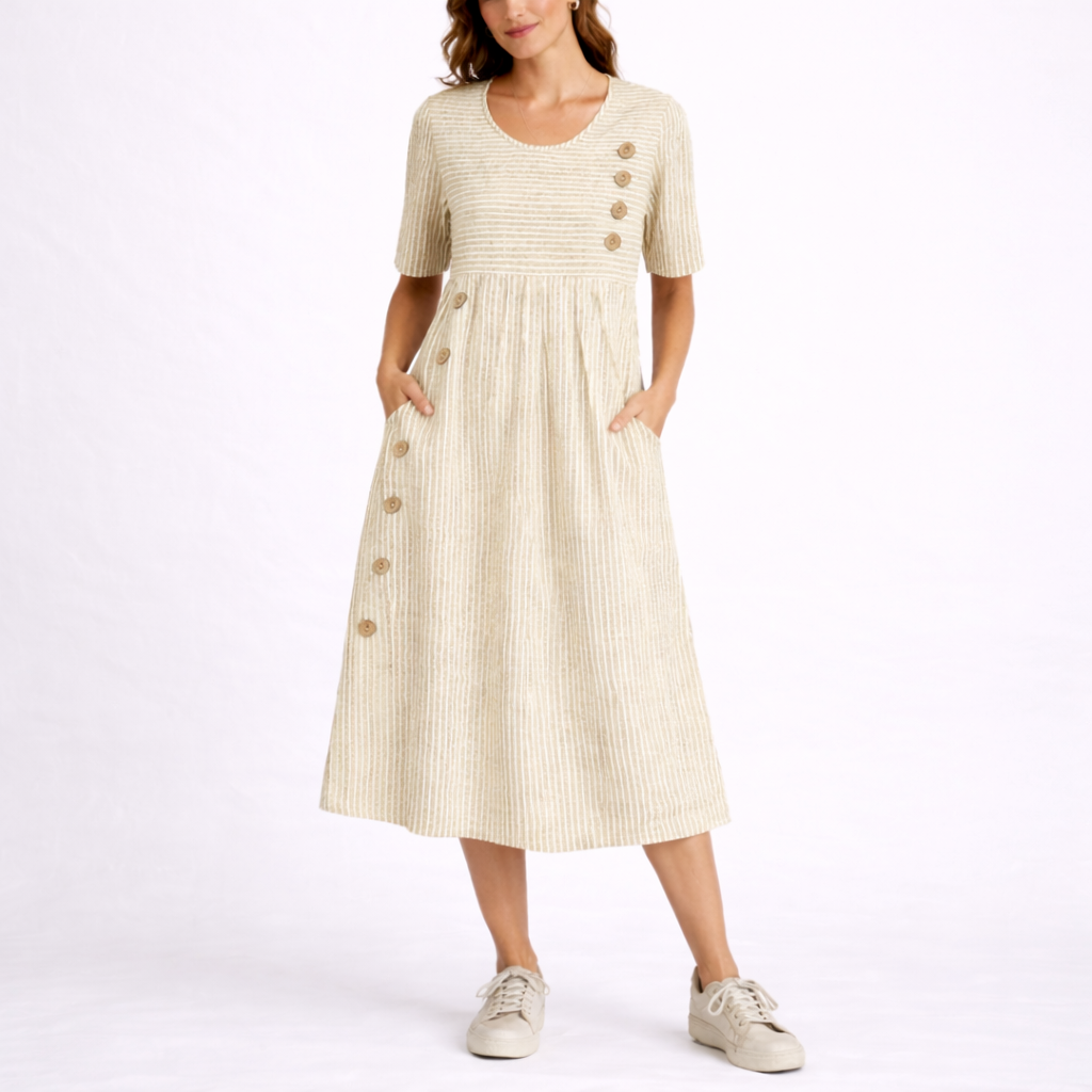 Striped Midi Dress with Round Neck for women