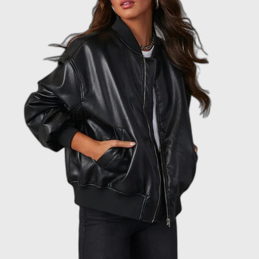 Leather Oversized Bomber Jacket with Long Sleeve for Women