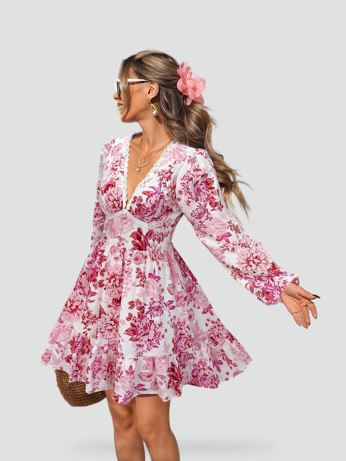 Floral Midi Dress with V-Neckline for Women