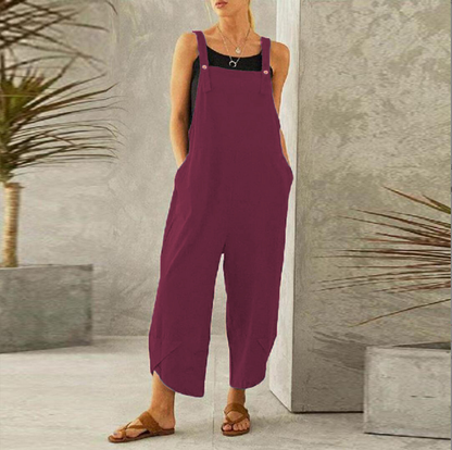 Dungaree style jumpsuit with adjustable straps and relaxed fit for women
