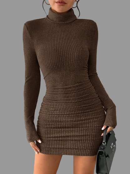 Slim fit midi dress with high neckline and long sleeves for women