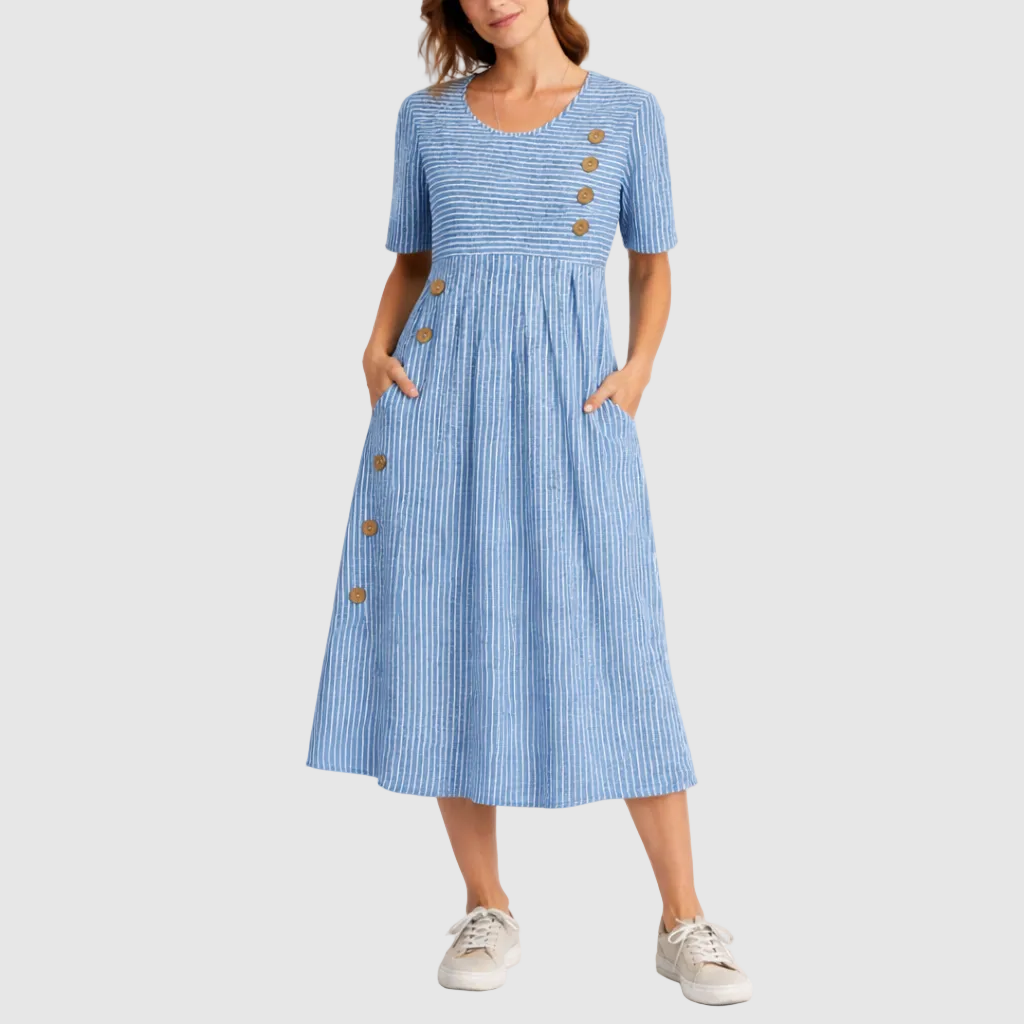 Striped Midi Dress with Round Neck for women