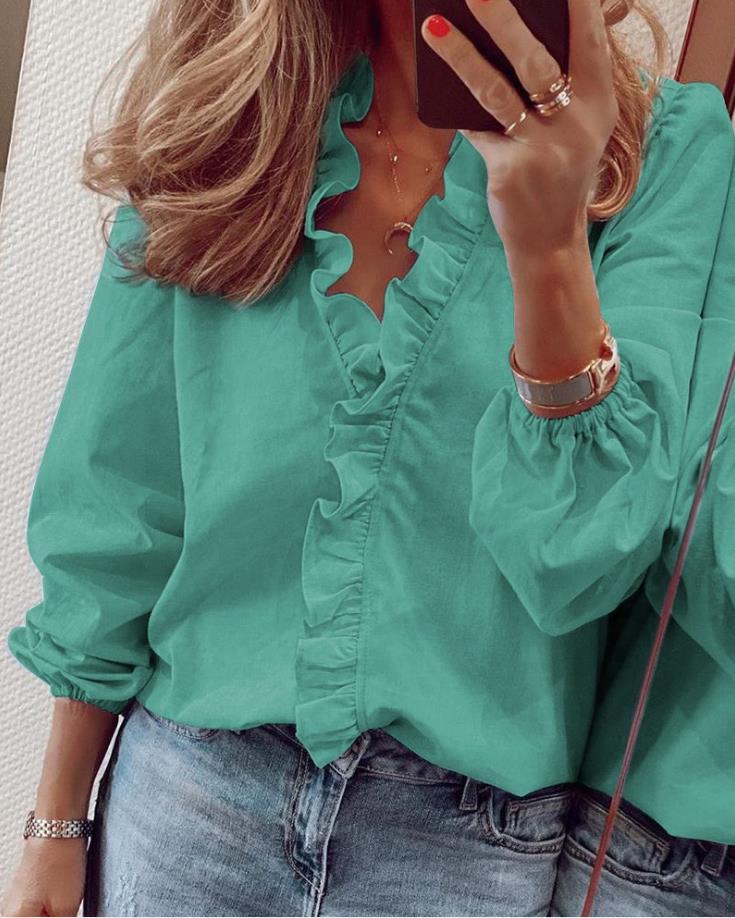 Ruffled V-Neck Long Sleeve Blouse with Ruffle for Women