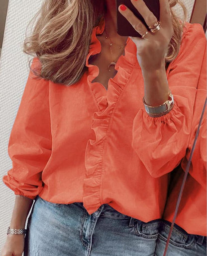 Ruffled V-Neck Long Sleeve Blouse with Ruffle for Women