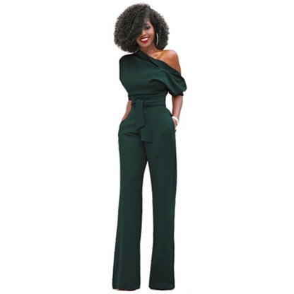Flowing Full-Length Wide Leg Trousers with One-Shoulder for Women