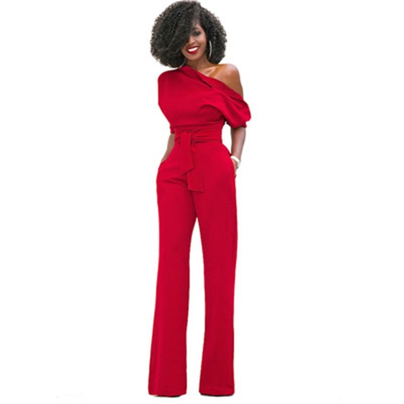 Flowing Full-Length Wide Leg Trousers with One-Shoulder for Women