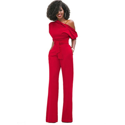 Flowing Full-Length Wide Leg Trousers with One-Shoulder for Women
