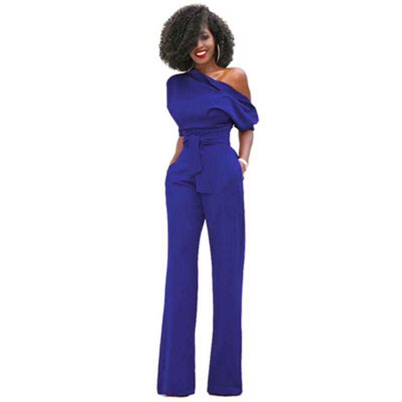 Flowing Full-Length Wide Leg Trousers with One-Shoulder for Women