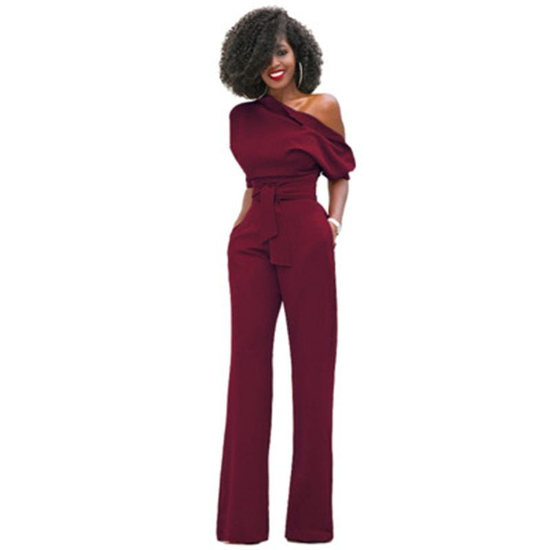 Flowing Full-Length Wide Leg Trousers with One-Shoulder for Women