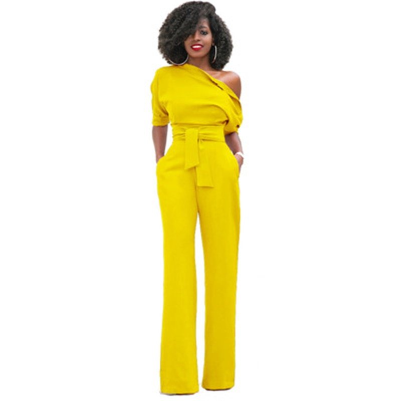 Flowing Full-Length Wide Leg Trousers with One-Shoulder for Women